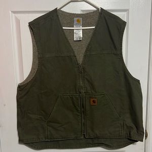🔥🔥 CARHARTT Sherpa Lined Army Green Denim Vest - PERFECT Condition - Sz 2XL